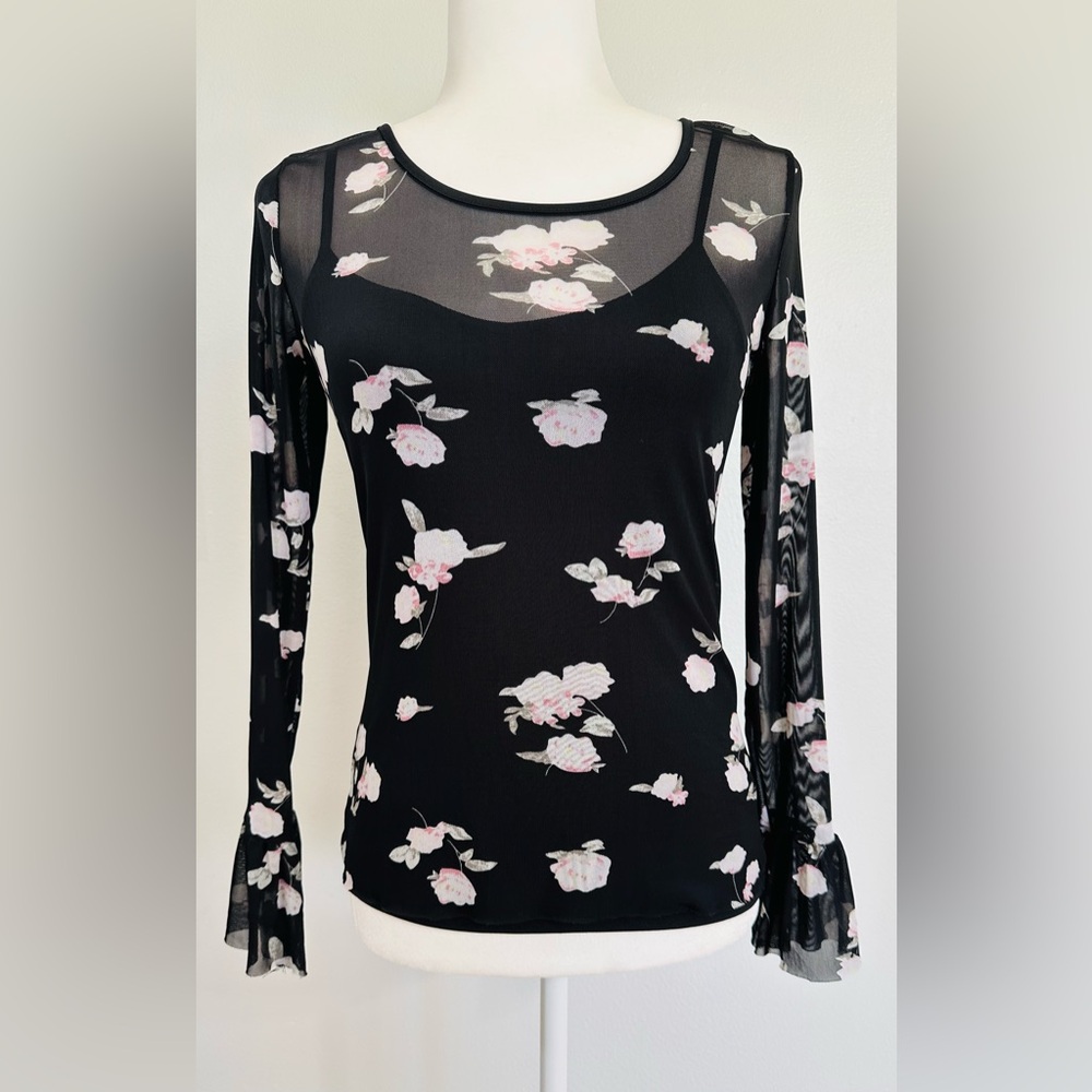 NWT Candie's Black Mesh Long Sleeve Top with Pink Floral Design - XS